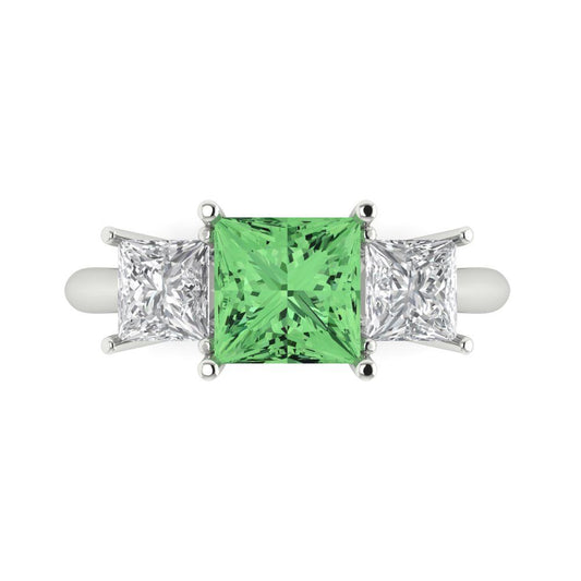 2.5 cttw Zirconia Simulated Green Diamond Three-Stone Engagement Ring - Solid White Gold  (VVS1, Princess Cut,6.5 mm)