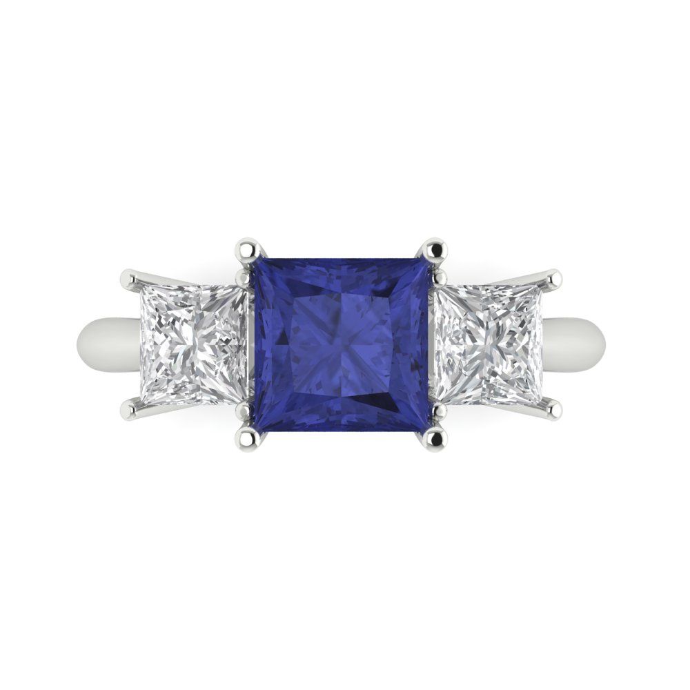 2.5 cttw Simulated Tanzanite Three-Stone Engagement Ring - Solid White Gold  (VVS1, Princess Cut,6.5 mm)