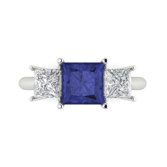 2.5 cttw Simulated Tanzanite Three-Stone Engagement Ring - Solid White Gold  (VVS1, Princess Cut,6.5 mm)