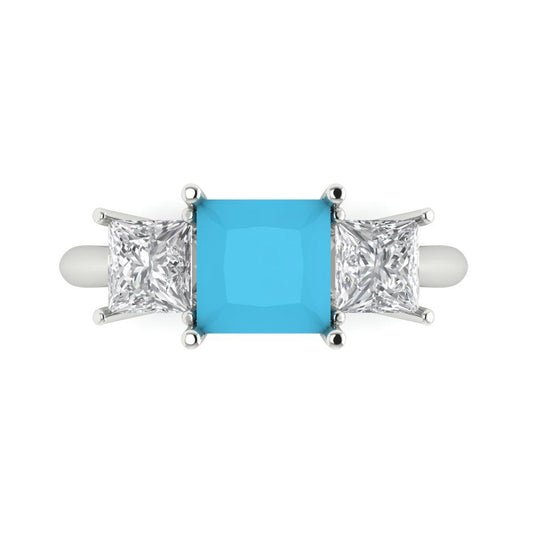 2.5 cttw Simulated Turquoise Three-Stone Engagement Ring - Solid White Gold  (VVS1, Princess Cut,6.5 mm)