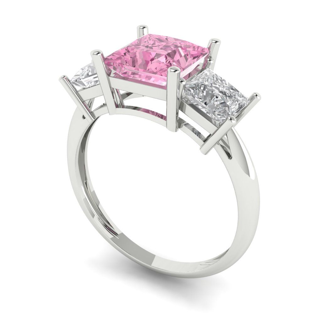 2.5 cttw Zirconia Simulated Pink Diamond Three-Stone Engagement Ring - Solid White Gold  (VVS1, Princess Cut,6.5 mm)