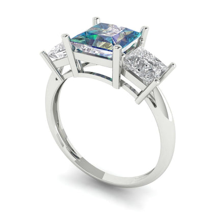 2.5 cttw Blue Moissanite Three-Stone Engagement Ring - Solid White Gold  (VVS1, Princess Cut,6.5 mm)