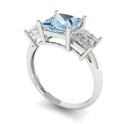 2.5 cttw Natural Swiss Blue Topaz Three-Stone Engagement Ring - Solid White Gold  (VVS1, Princess Cut,6.5 mm)