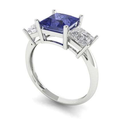 2.5 cttw Simulated Tanzanite Three-Stone Engagement Ring - Solid White Gold  (VVS1, Princess Cut,6.5 mm)