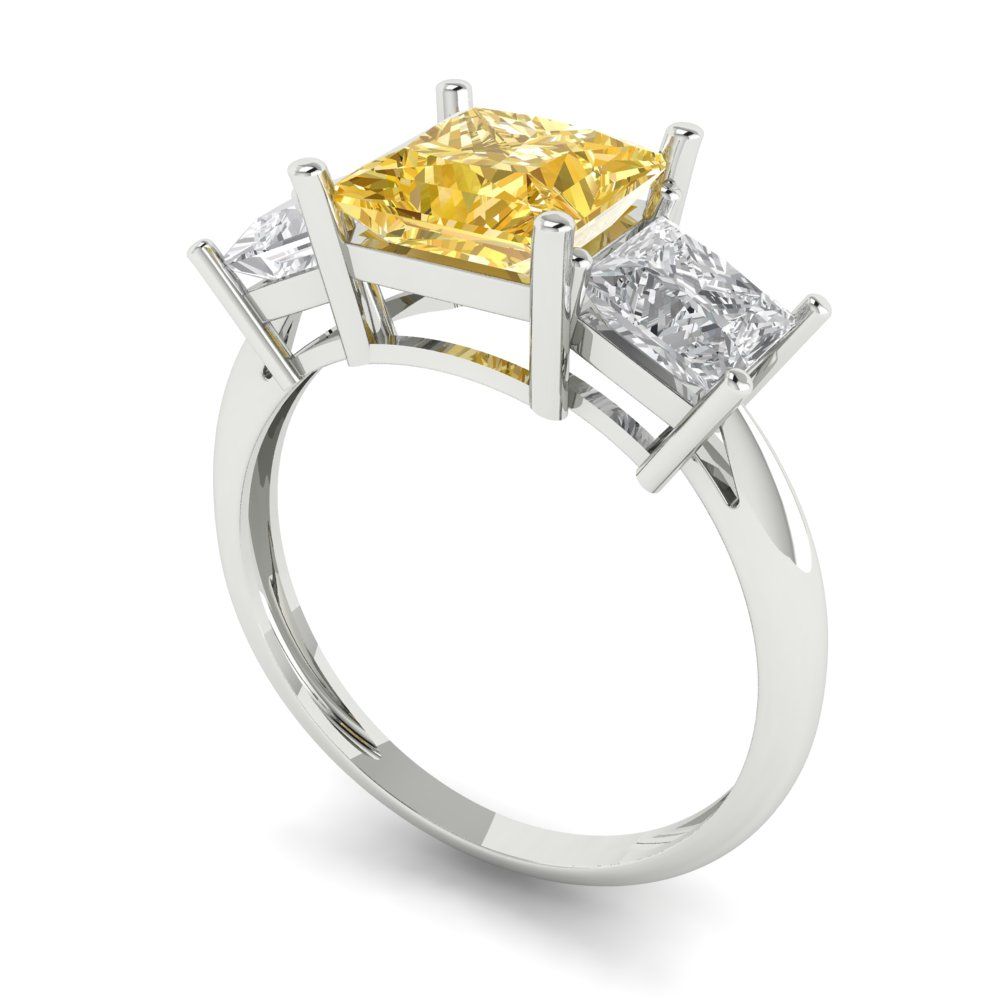 2.5 cttw Yellow Moissanite Three-Stone Engagement Ring - Solid White Gold  (VVS1, Princess Cut,6.5 mm)