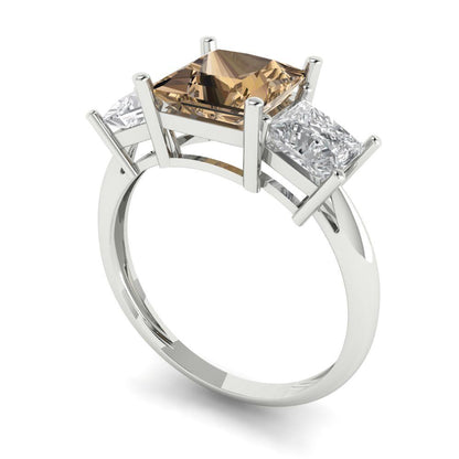 2.5 cttw Zirconia Simulated Champagne Diamond Three-Stone Engagement Ring - Solid Gold (VVS1, Princess Cut,6.5 mm)