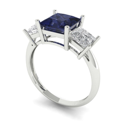 2.5 cttw Simulated Blue Sapphire Three-Stone Engagement Ring - Solid White Gold  (VVS1, Princess Cut,6.5 mm)