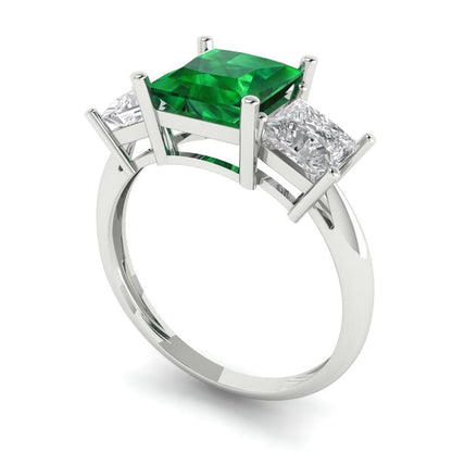 2.5 cttw Simulated Emerald Three-Stone Engagement Ring - Solid White Gold  (VVS1, Princess Cut,6.5 mm)