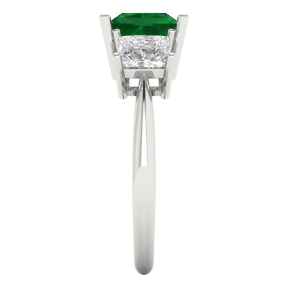 2.5 cttw Simulated Emerald Three-Stone Engagement Ring - Solid White Gold  (VVS1, Princess Cut,6.5 mm)