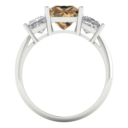 2.5 cttw Zirconia Simulated Champagne Diamond Three-Stone Engagement Ring - Solid Gold (VVS1, Princess Cut,6.5 mm)