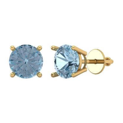 3 ctw Aquamarine Studs Earrings | 7.5mm Round Cut White Gold Screw back | March Birthstone