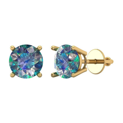 3 ctw Blue Moissanite Studs Earrings | 7.5mm Round Cut White Gold Screw back | April Birthstone