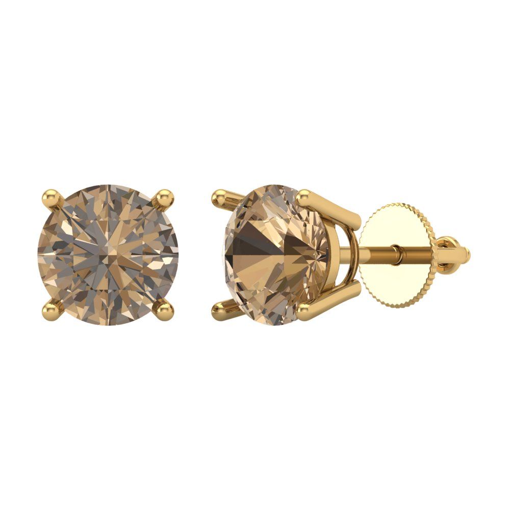 3 ctw Champagne Studs Earrings | 7.5mm Round Cut White Gold Screw back | April Birthstone