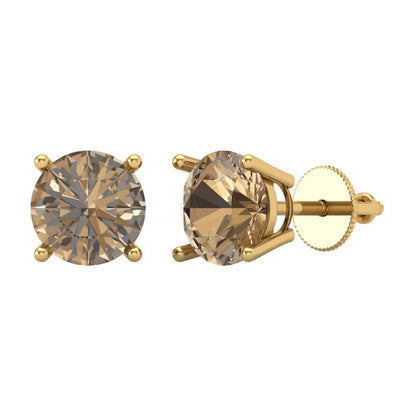 3 ctw Champagne Studs Earrings | 7.5mm Round Cut White Gold Screw back | April Birthstone