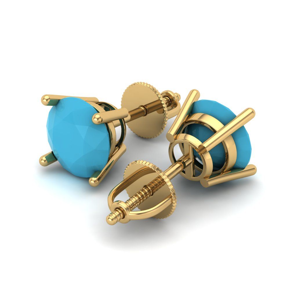 3 ctw Turquoise Studs Earrings | 7.5mm Round Cut White Gold Screw back | December Birthstone