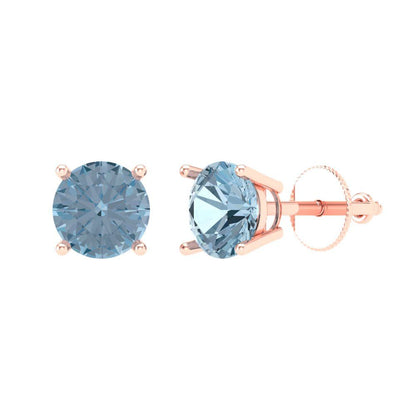 1.5 ctw Aquamarine Studs Earrings | 6mm Round Cut White Gold Screw back | March Birthstone