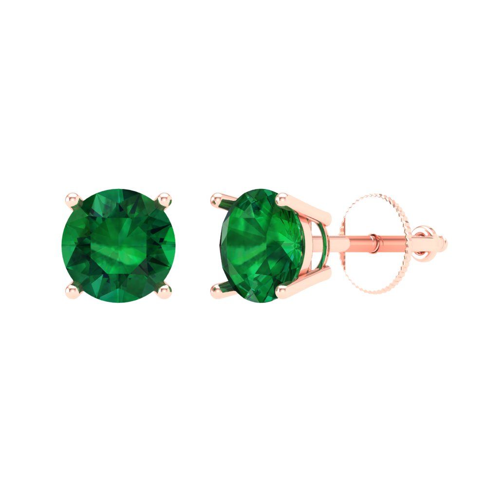 1.5 ctw Emerald Studs Earrings | 6mm Round Cut White Gold Screw back | May Birthstone
