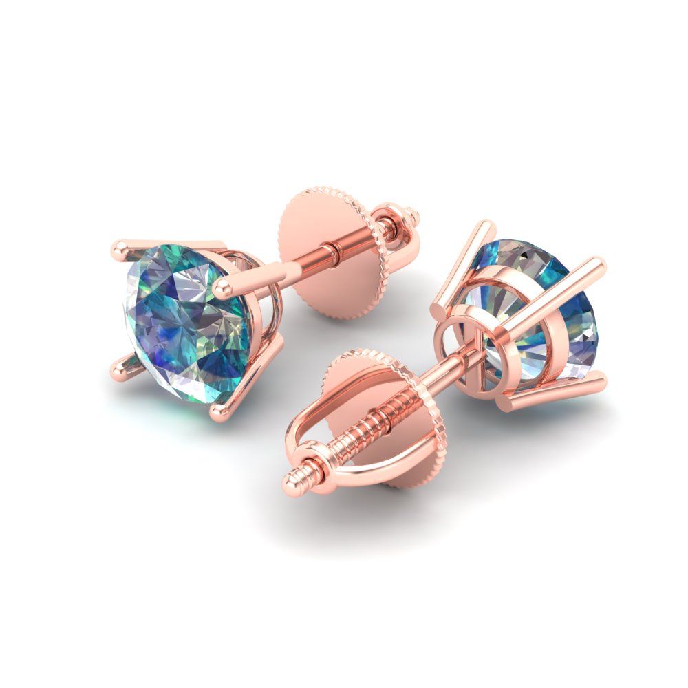 1.5 ctw Blue Moissanite Studs Earrings | 6mm Round Cut White Gold Screw back | April Birthstone