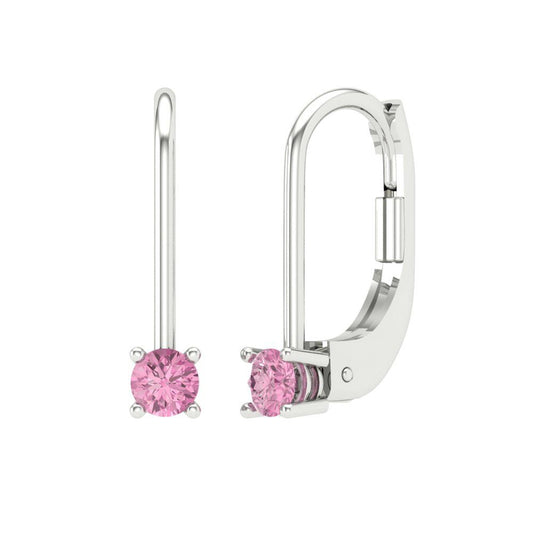 0.5 ctw Pink Zirconia Drop Dangle Earrings | 4.0mm Round Cut White Gold Lever Back | April Birthstone