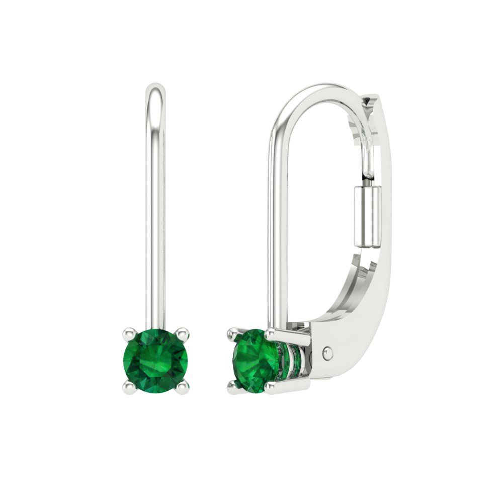 0.5 ctw Emerald Drop Dangle Earrings | 4.0mm Round Cut White Gold Lever Back | May Birthstone