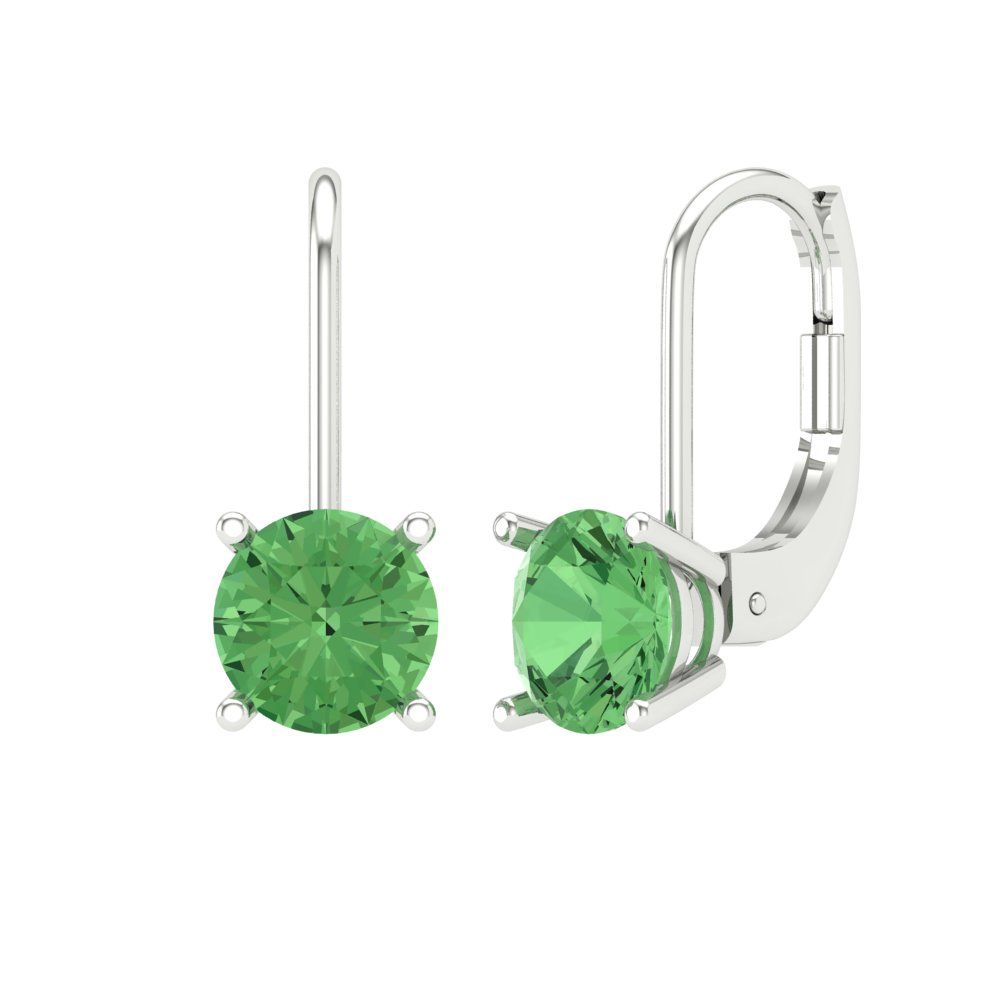 1.5 ctw Green Zirconia Drop Dangle Earrings | 6mm Round Cut White Gold Lever Back | April Birthstone