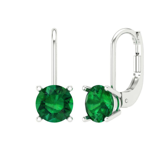 1.5 ctw Emerald Drop Dangle Earrings | 6mm Round Cut White Gold Lever Back | May Birthstone