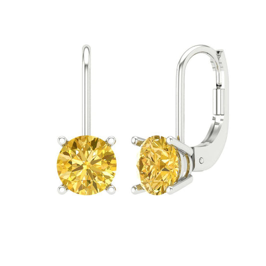 1.5 ctw Citrine Drop Dangle Earrings | 6mm Round Cut White Gold Lever Back | November Birthstone