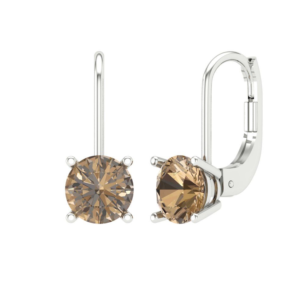 1.5 ctw Champagne Drop Dangle Earrings | 6mm Round Cut White Gold Lever Back | April Birthstone