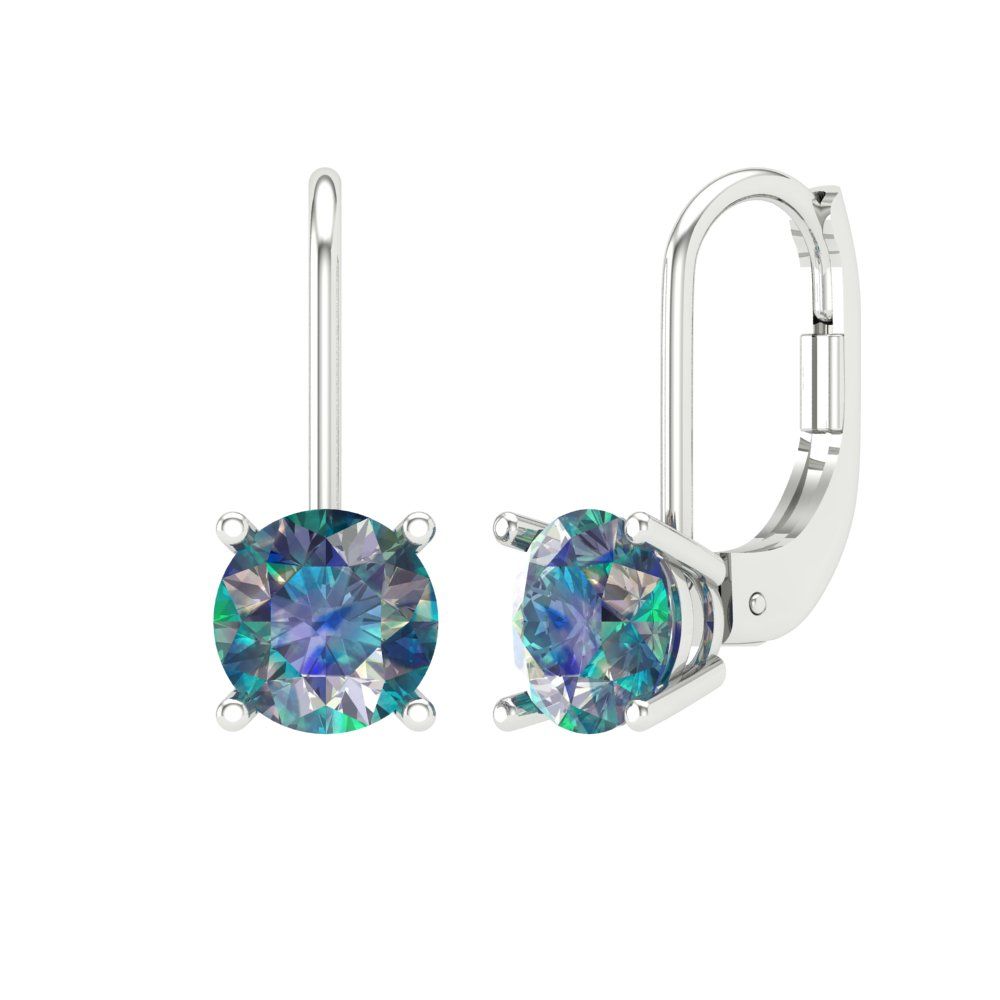 1.5 ctw Blue Moissanite Drop Dangle Earrings | 6mm Round Cut White Gold Lever Back | April Birthstone