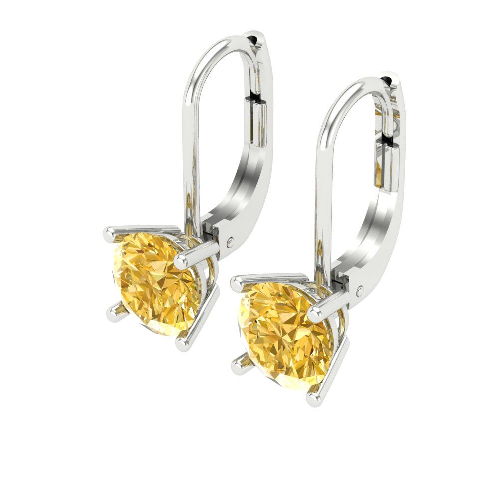 1.5 ctw Yellow Zirconia Drop Dangle Earrings | 6mm Round Cut White Gold Lever Back | April Birthstone