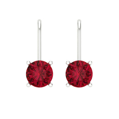 1.5 ctw Ruby Drop Dangle Earrings | 6mm Round Cut White Gold Lever Back | July Birthstone