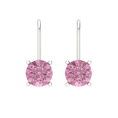 1.5 ctw Pink Zirconia Drop Dangle Earrings | 6mm Round Cut White Gold Lever Back | April Birthstone