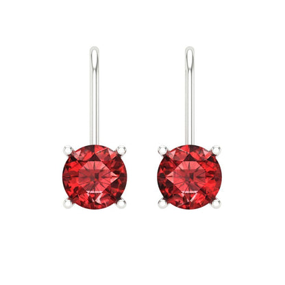1.5 ctw Garnet Drop Dangle Earrings | 6mm Round Cut White Gold Lever Back | January Birthstone