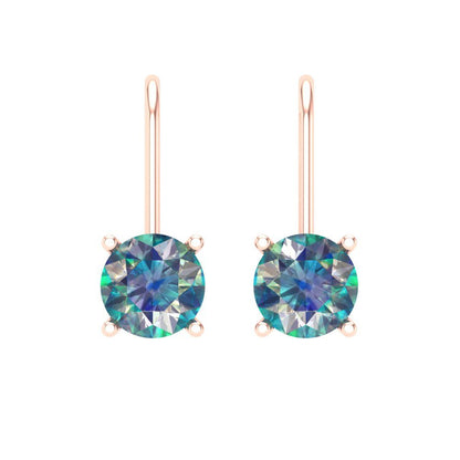 1.5 ctw Blue Moissanite Drop Dangle Earrings | 6mm Round Cut White Gold Lever Back | April Birthstone