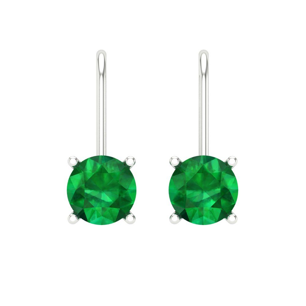 1.5 ctw Emerald Drop Dangle Earrings | 6mm Round Cut White Gold Lever Back | May Birthstone
