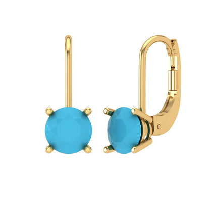 1.5 ctw Turquoise Drop Dangle Earrings | 6mm Round Cut White Gold Lever Back | December Birthstone