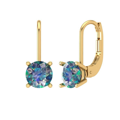 1.5 ctw Blue Moissanite Drop Dangle Earrings | 6mm Round Cut White Gold Lever Back | April Birthstone