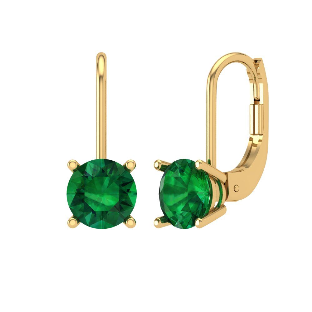 1.5 ctw Emerald Drop Dangle Earrings | 6mm Round Cut White Gold Lever Back | May Birthstone