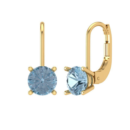 1.5 ctw Aquamarine Drop Dangle Earrings | 6mm Round Cut White Gold Lever Back | March Birthstone