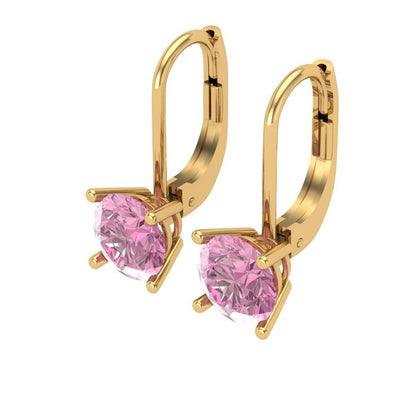 1.5 ctw Pink Zirconia Drop Dangle Earrings | 6mm Round Cut White Gold Lever Back | April Birthstone