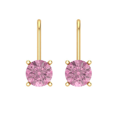 1.5 ctw Pink Zirconia Drop Dangle Earrings | 6mm Round Cut White Gold Lever Back | April Birthstone