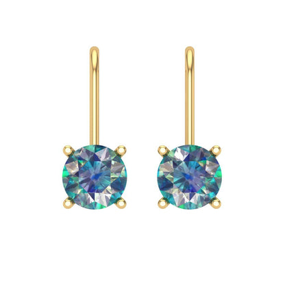 1.5 ctw Blue Moissanite Drop Dangle Earrings | 6mm Round Cut White Gold Lever Back | April Birthstone