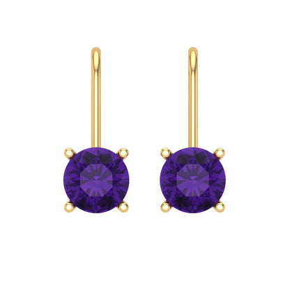 1.5 ctw Amethyst Drop Dangle Earrings | 6mm Round Cut White Gold Lever Back | February Birthstone