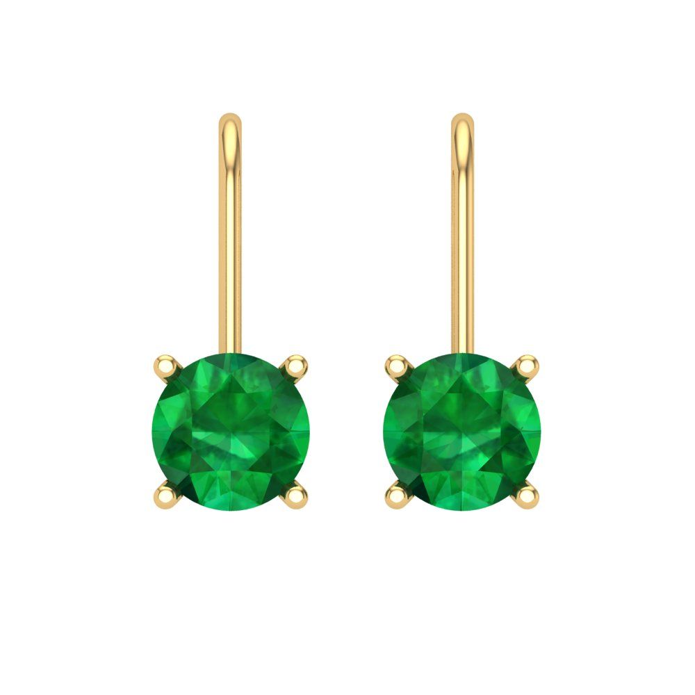 1.5 ctw Emerald Drop Dangle Earrings | 6mm Round Cut White Gold Lever Back | May Birthstone