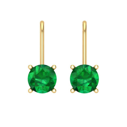 1.5 ctw Emerald Drop Dangle Earrings | 6mm Round Cut White Gold Lever Back | May Birthstone