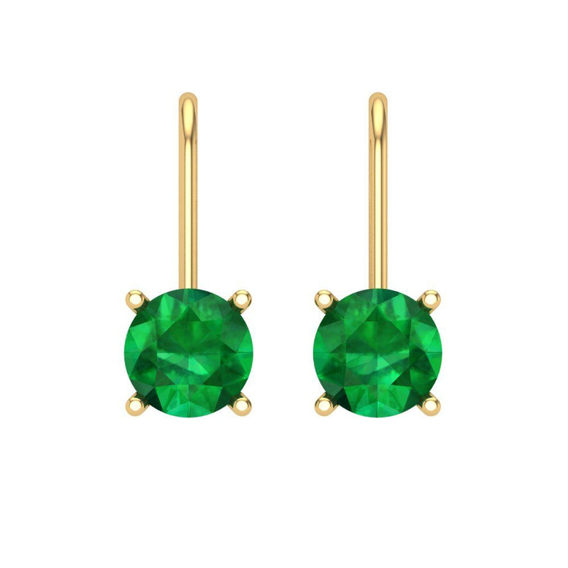1.5 ct Brilliant Round Cut Drop Dangle Simulated Emerald Stone Yellow Gold Earrings Lever Back