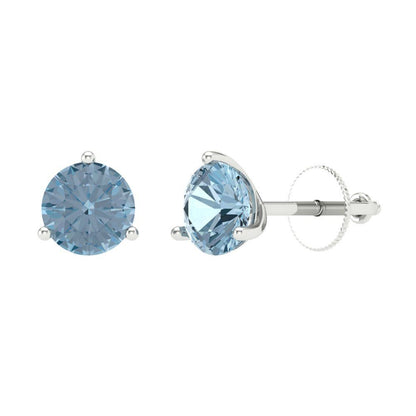 1.5 ctw Aquamarine Studs Earrings | 6mm Round Cut White Gold Screw back | March Birthstone