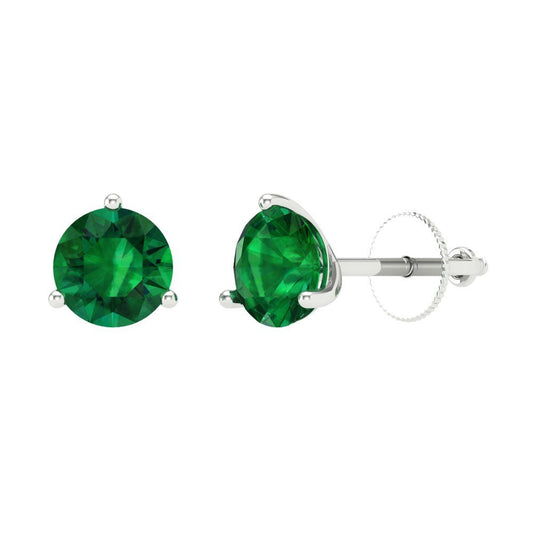 1.5 ctw Emerald Studs Earrings | 6mm Round Cut White Gold Screw back | May Birthstone