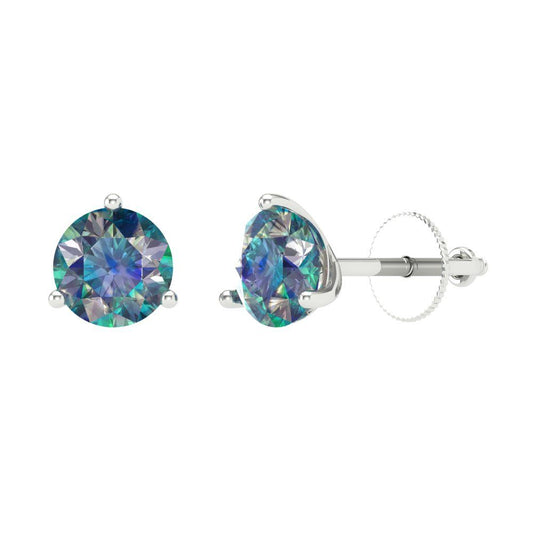 1.5 ctw Blue Moissanite Studs Earrings | 6mm Round Cut White Gold Screw back | April Birthstone