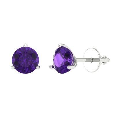 1.5 ctw Amethyst Studs Earrings | 6mm Round Cut White Gold Screw back | February Birthstone